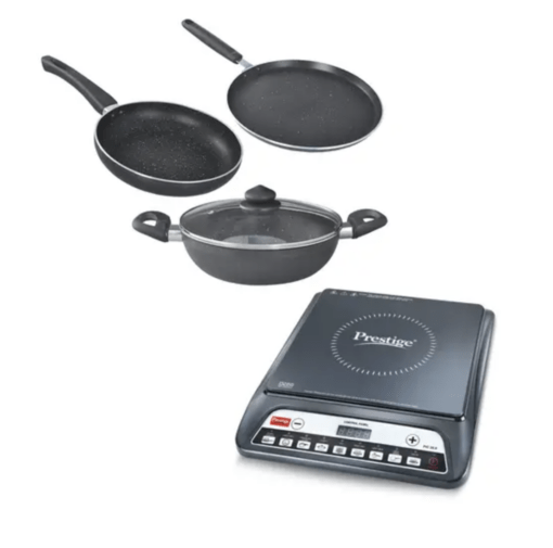 Prestige Omega Deluxe Granite Aluminium 3 Pc Kitchen Sets with PIC 20.0 Induction Cooktop 1600 W (Black)